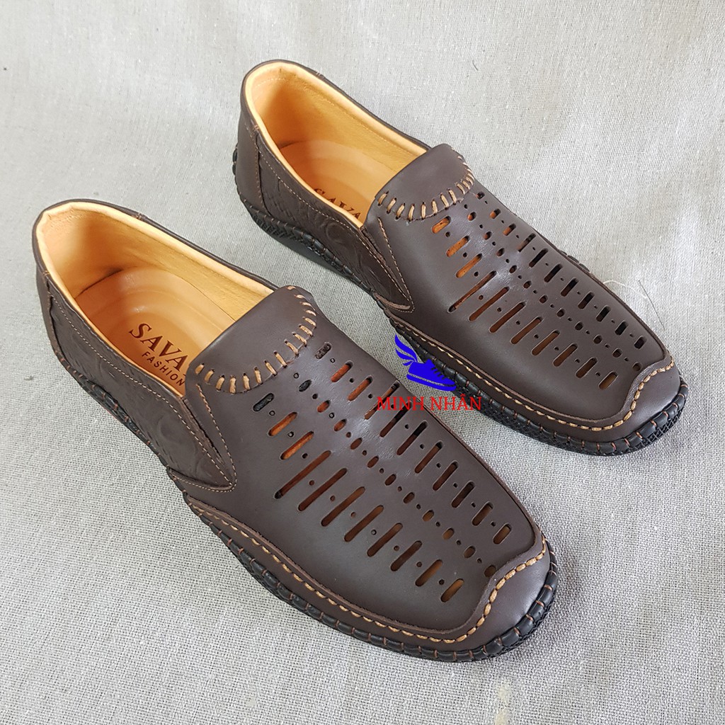 Giày rọ nam da bò cao cấp LÓT DA CỪU nguyên tấm đế khâu mùa hè đục lỗ thoáng khí Men’s Summer Shoes H-2 màu cafe