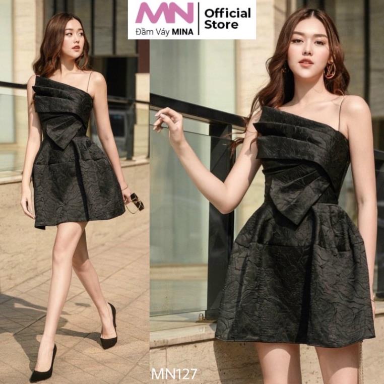 Đầm đen 2 dây dáng xoè dự tiệc sang trọng Chất liệu gấm cao cấp MINA MN127 -KJH(*