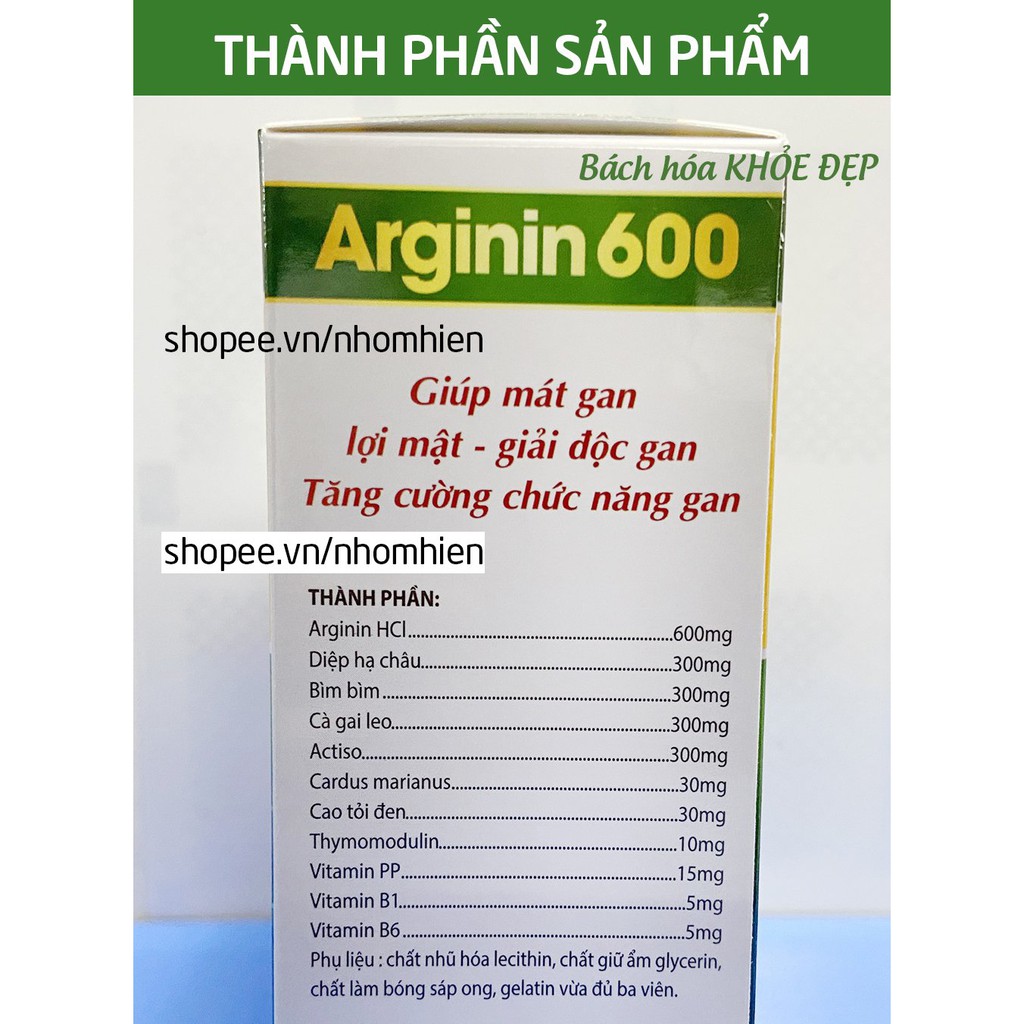 Viên uống bổ gan Arginin 600 giải độc gan, hạ men gan - Hộp 60 viên thành phần cà gai leo, diệp hạ châu