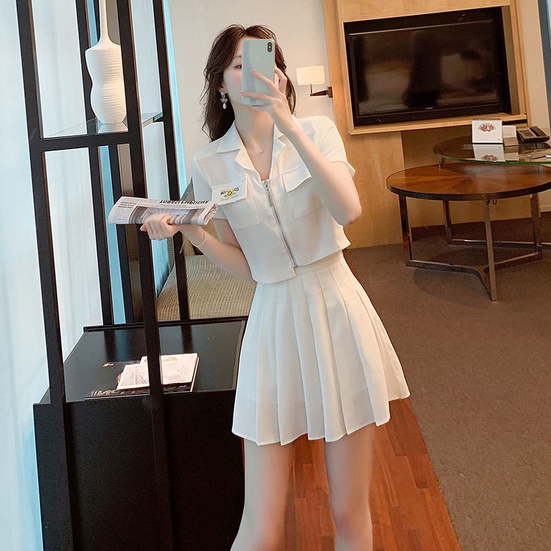 Set Áo Khoác Tay Ngắn + Chân Váy Xếp Ly Thời Trang Hè 2022 Mới Mẻ Trẻ Trung Cho Nữ