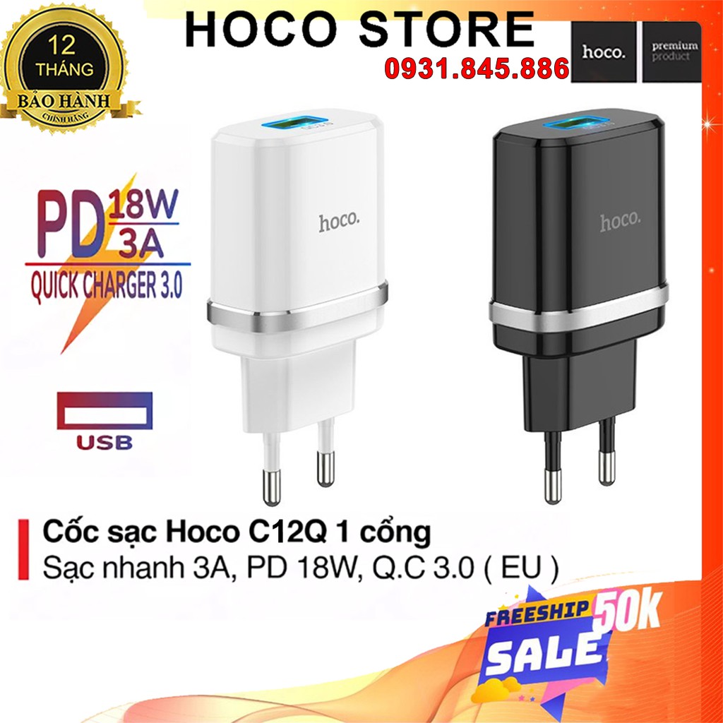 Cốc Sạc Nhanh IPhone 12 Pro Max Chính Hãng 18W Hoco C12Q Củ Sạc Nhanh Điện Thoại Cổng USB Cho Samsung Android Chính Hãng