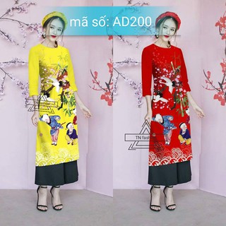 Set Áo Dài Cách Tân họa tiết trò chơi dân gian ngày tết đỏ vàng CÓ SIZE LỚN AD200