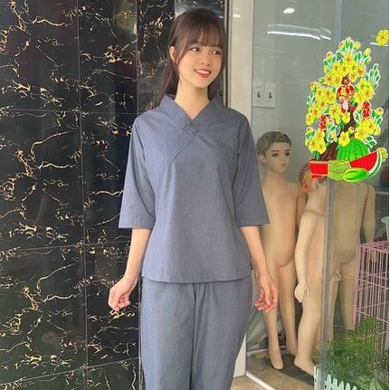 Quần Áo nữ Phật Tử, đồ lam Đi Chùa mẫu MỘT NÚT mã A42C