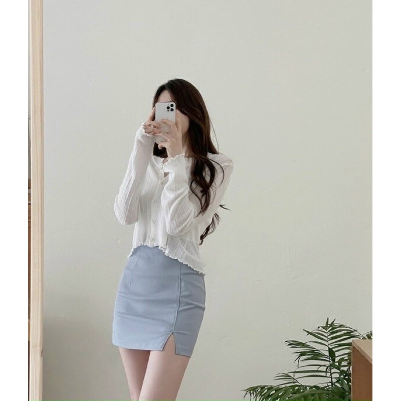 [Mã SKAMSALE06 giảm 10% tối đa 100K đơn 150K] Set croptop trắng cuốn biên kèm chân váy xanh biển