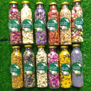 Trà hoa quả sấy khô nguyên bông cao cấp lọ thủy tinh: nhài, hồng, cúc, đậu biếc, dứa, cam, chanh, hoa quả bali, oải hươn