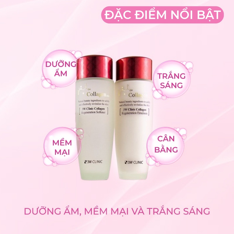 Bộ Skincare dưỡng da 3W CLINIC Hàn Quốc chiết xuất từ Collagen săn chắc chống lão hóa da &amp; trắng da [Nước hoa hồng+Sữa]