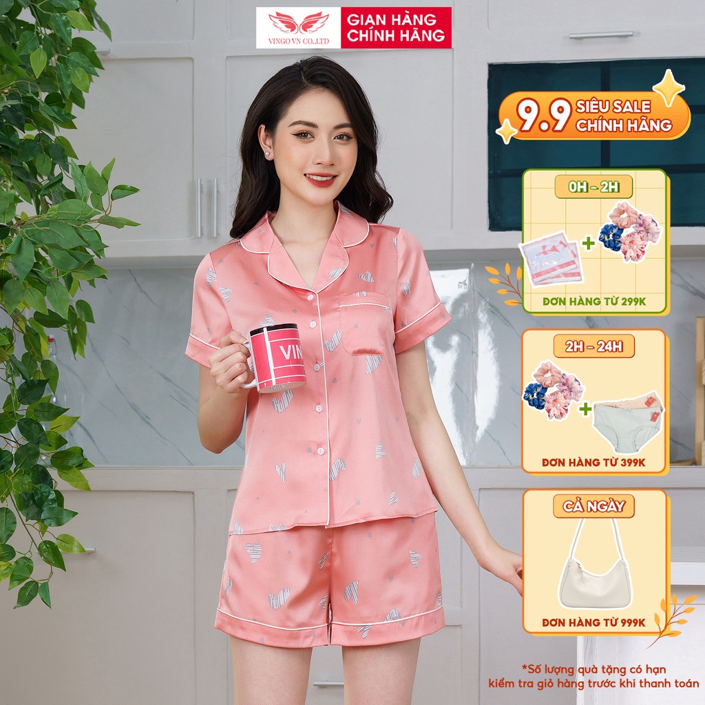 Đồ bộ nữ Pijama mặc nhà Lụa cao cấp mùa hè VINGO tay ngắn quần đùi trái tim dễ thương H685 H725 VNGO