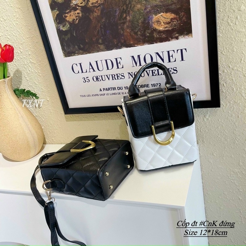 Túi đeo chéo,túi điện thoại dáng đứng có quai xách trần trám khoá móng ngựa phối màu siêu sang chảnh