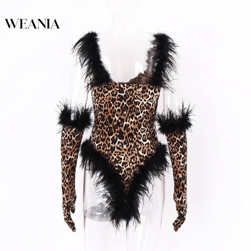 Bộ Áo Liền Quần Hai Dây Họa Tiết Da Báo Quyến Rũ Kèm Găng Tay Dành Cho Nữ