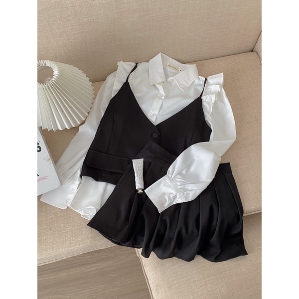 Set áo gile kèm sơ mi và chân váy xếp ly bánh bèo, tiểu thư B2.