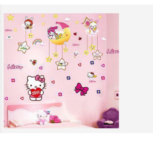 BỘ COMBO DECAL GHÉP ĐÔI TRANG TRÍ - Trăng Vàng kết hợp Hello Kitty( 2 TẤM )