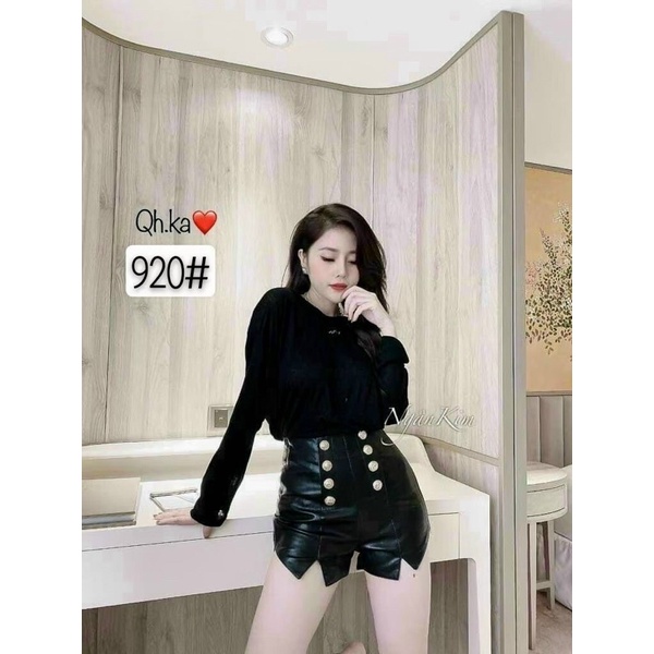 quần sooc da khuy cạp cao