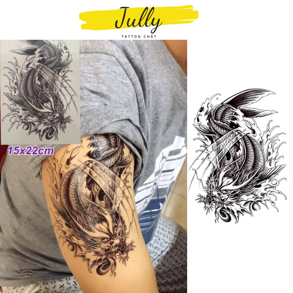 Hình xăm dán bắp cá chép hóa rồng đen trắng JULLY Tattoo chất, xăm ...