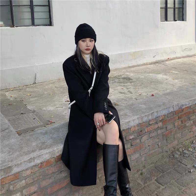 FREESHIP ÁO DẠ ĐEN 2 LỚP SIÊU DÀY DÁNG DÀI HÀN QUỐC