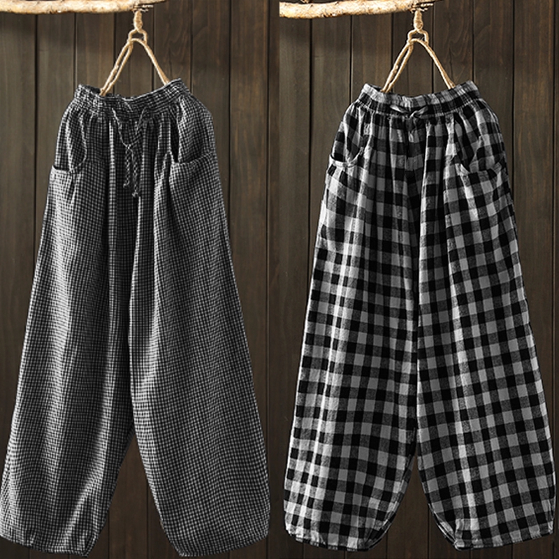 # ZANZEA Women Casual Plaid Cotton Linen With Pocket Long Pants # | BigBuy360 - bigbuy360.vn