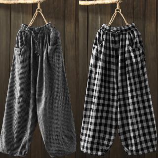 # ZANZEA Women Casual Plaid Cotton Linen With Pocket Long Pants #