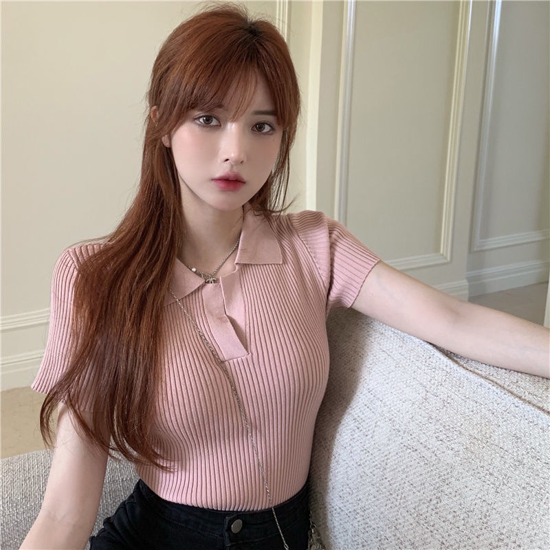 Áo thun polo tay ngắn màu sắc thời trang Hàn Quốc cho nữ