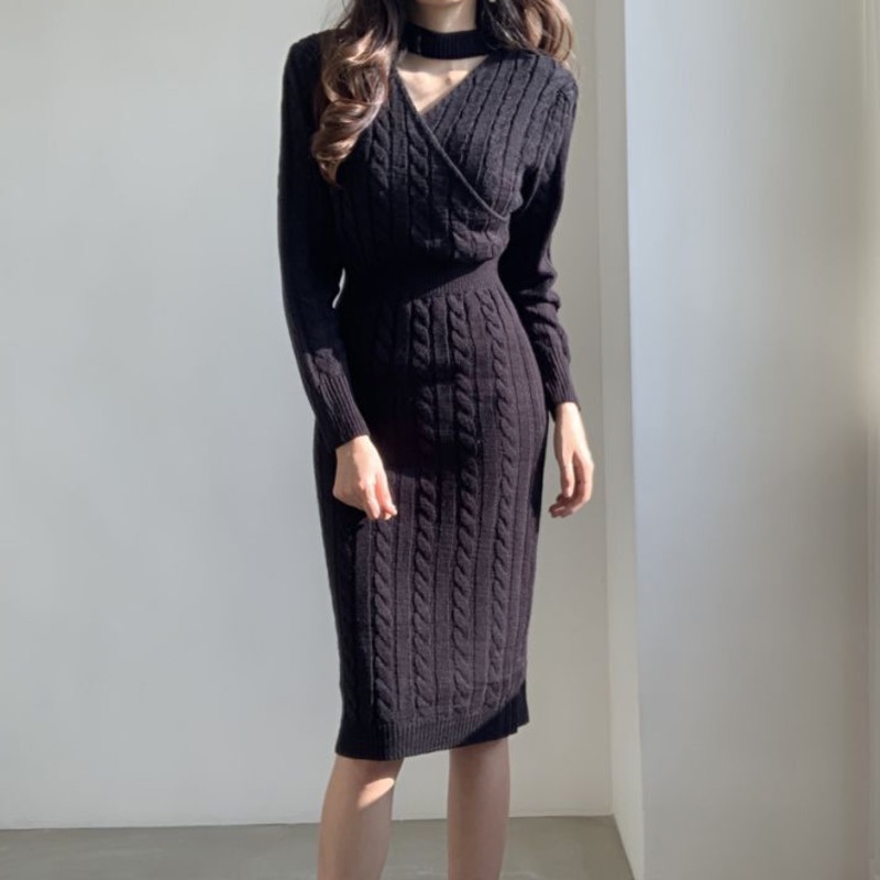 Đầm Len Nữ Dài Tay Cổ Chữ v Xẻ Tà Thời Trang Hàn