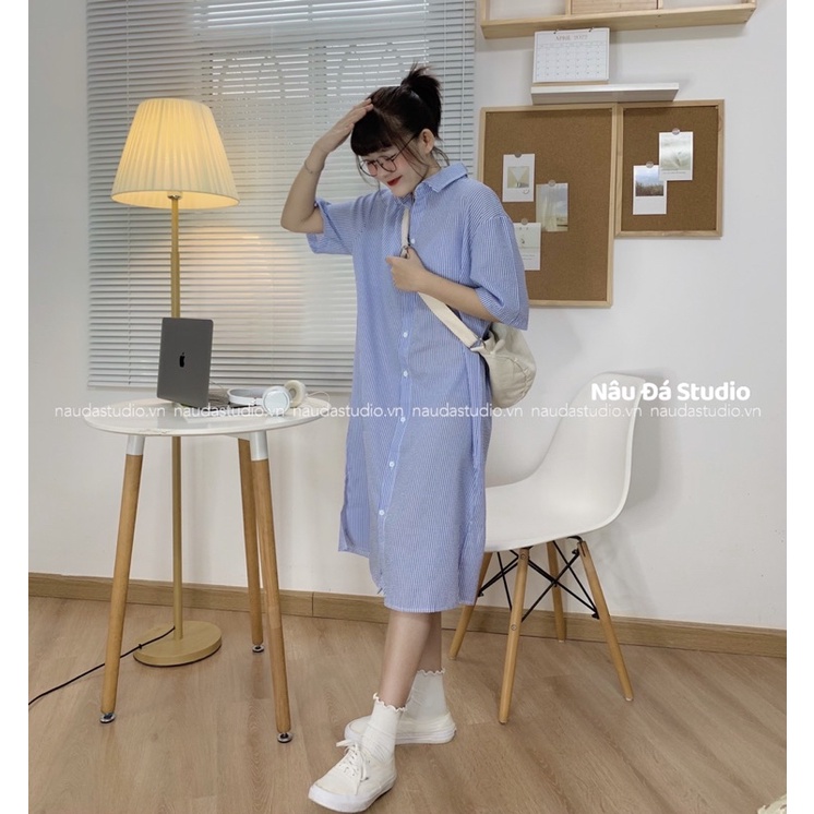 VÁY - ĐẦM SƠMI KẺ SỌC XÔ XỐP TAY NGẮN OVERSIZE  - NÂU ĐÁ STUDIO.