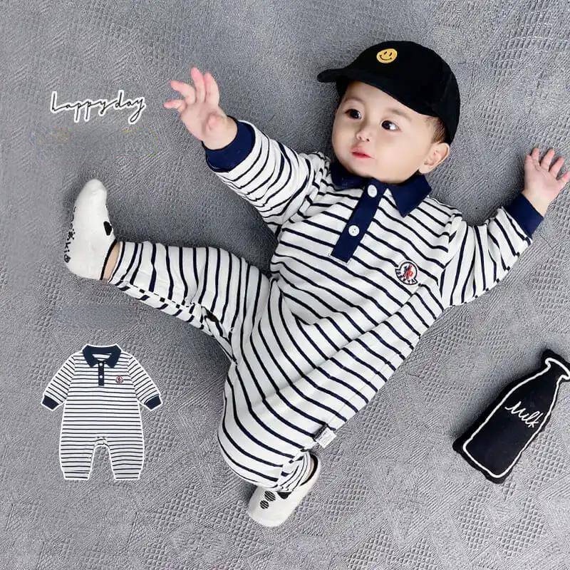 Áo Liền Quần Tay Dài Chất Liệu Cotton Họa Tiết Kẻ Sọc Thời Trang Mùa Thu Cho Bé Trai