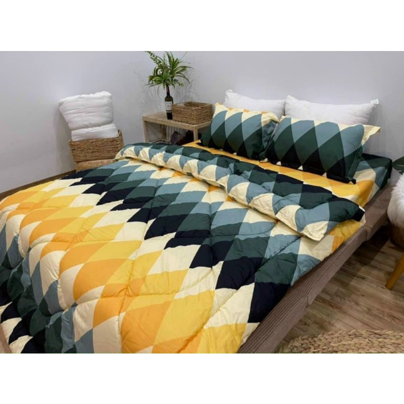 Bộ 5 món chăn phao  cotton, chăn ga gối poly cotton chăn kích thước m8x2m ga vừa cho đệm 10cm