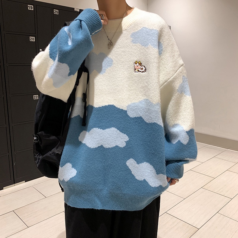 Áo len tay dài dáng rộng họa tiết hoạt hình phong cách thu đông Hàn Quốc cho nam