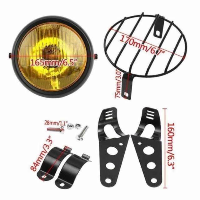 Combo gồm đèn pha xe máy 16cm có lưới bảo vệ kèm bộ pat gắn vào phuộc độ win, gn125, cafe racer