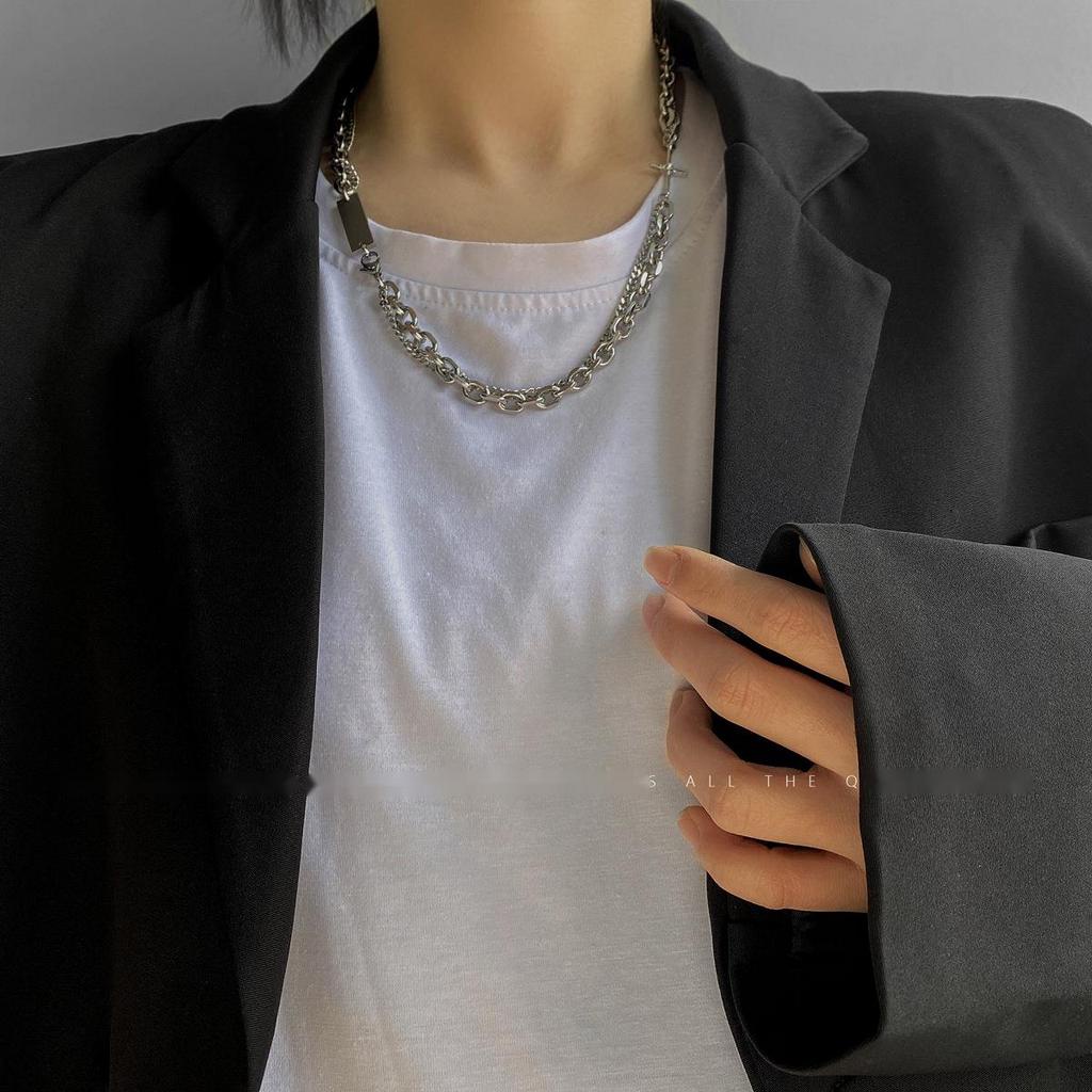 Dây Chuyền Thép Titan Hai Lớp Đính Kim Cương Nhân Tạo 19876 Phong Cách Đường Phố