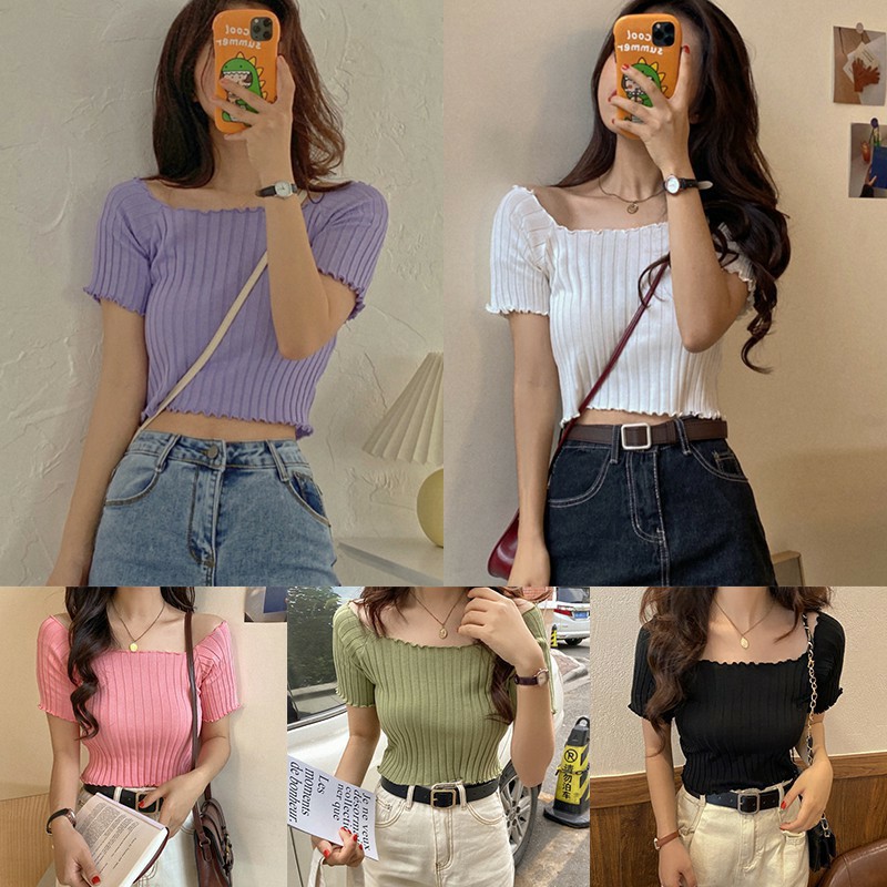 Áo len QC tay ngắn croptop bẹt vai cuốn biên