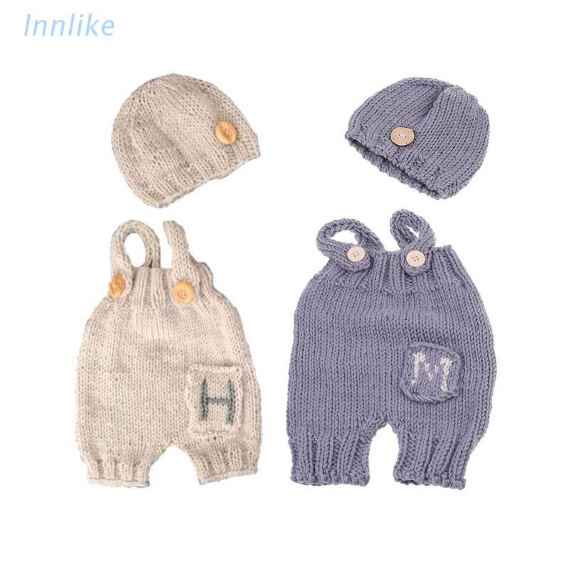 Bộ 2 món áo + quần yếm + nón đan len dùng làm phụ kiện chụp ảnh cho bé sơ sinh