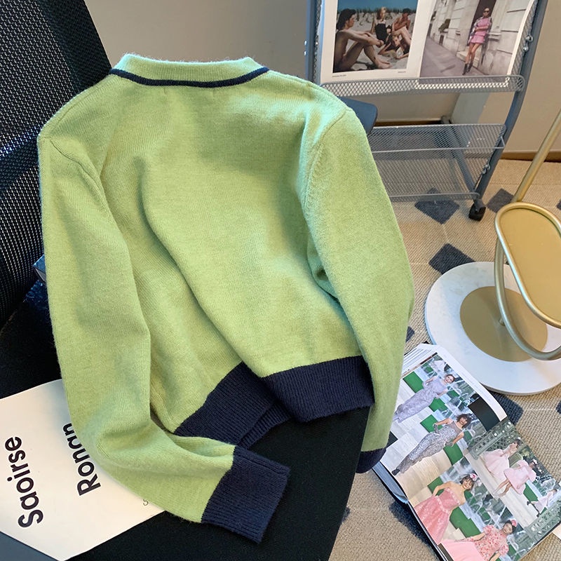 Áo Khoác Sweater Dệt Kim Dáng Ngắn Phối Màu Tương Phản Kiểu Retro Thời Trang Mùa Thu Cho Nữ