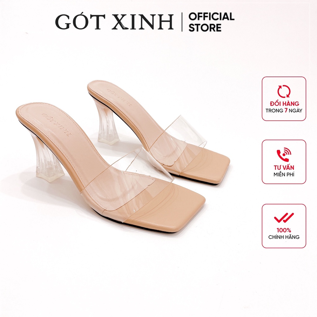 Dép cao gót nữ GÓT XINH D29 mũi vuông quai ngang chất liệu mika trong đế cao 5cm