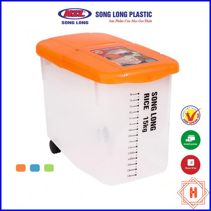 Song Long Plastic Thùng đựng gạo có nắp 10kg, 15kg nhựa cao cấp có bánh xe { H }