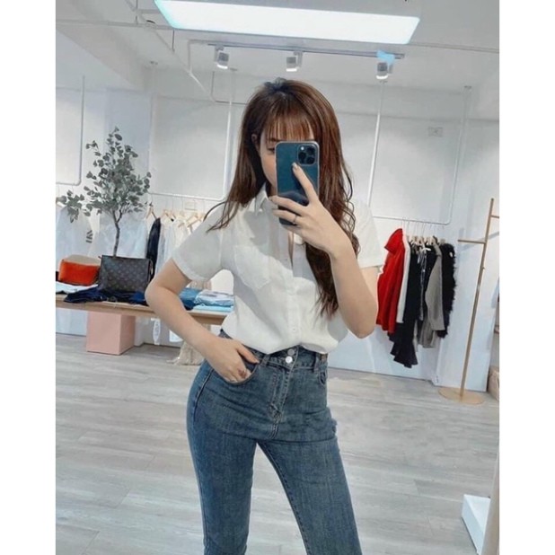 Áo sơ mi nữ gu ngắn tay có túi ngực hottrend màu trắng, áo somi nữ, purato hiền hồ