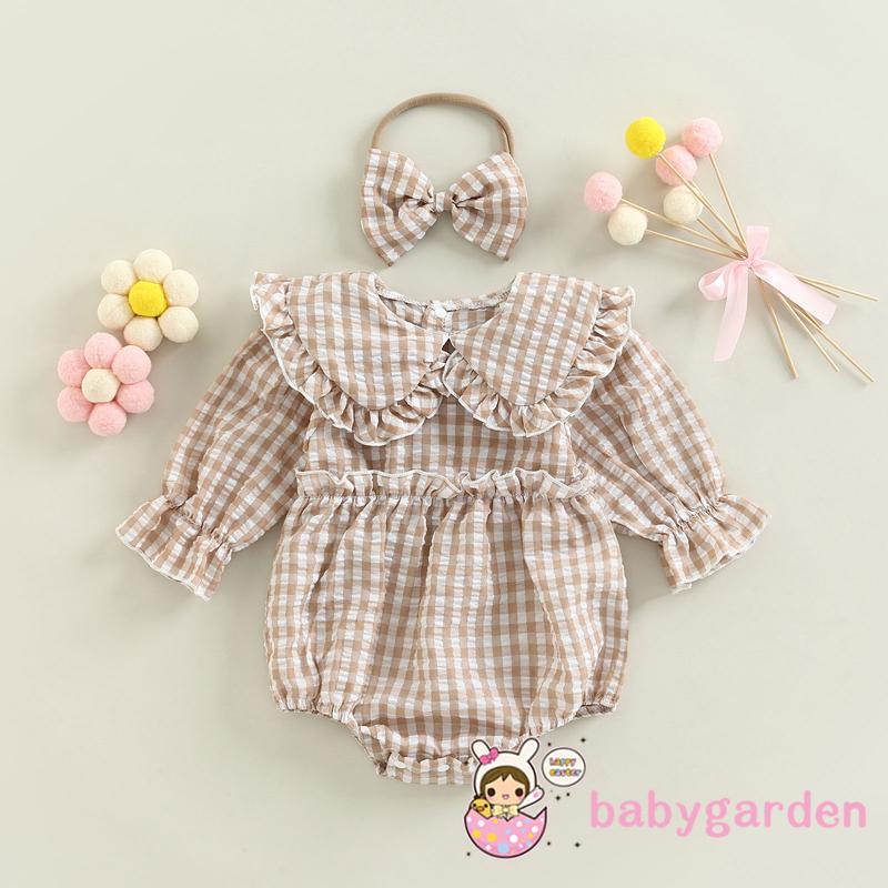 Bộ Áo Liền Quần Tay Dài Cổ Búp Bê Kẻ Sọc Caro + Băng Đô Cài Tóc Thời Trang Mùa Thu Cho Bé Gái 0-18 Tháng Tuổi