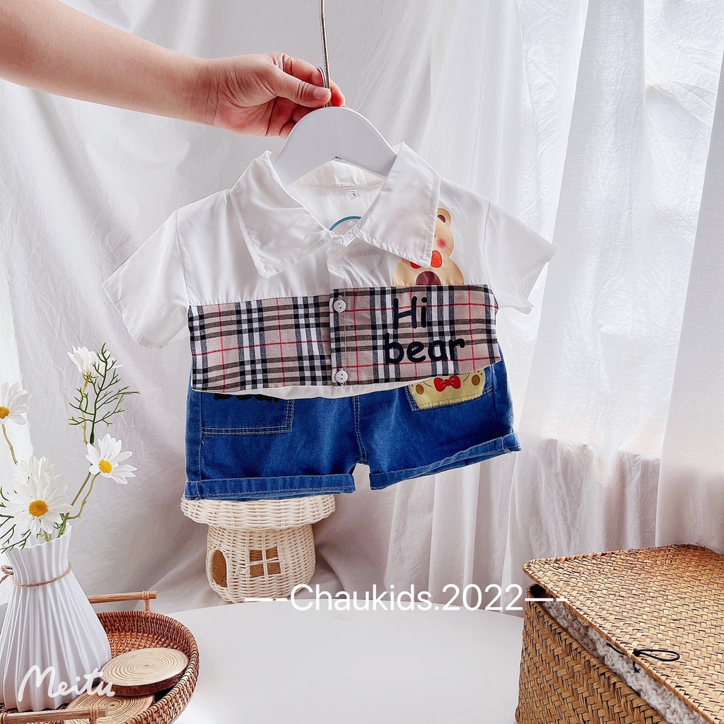 Bộ đồ bé trai, bộ sơ mi áo gấu cho bé trai siêu hot cho bé đến trường DOBO045