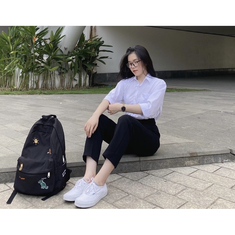 Set quần đen + áo trắng có túi đi học siêu xinh