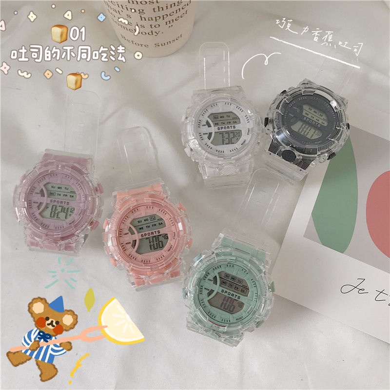 Đồng Hồ Điện Tử 03 Màu Macaron / Trứng Chiên / Kỳ Lân Trong Suốt Phong Cách Nhật Bản Cho Nam Và Nữ