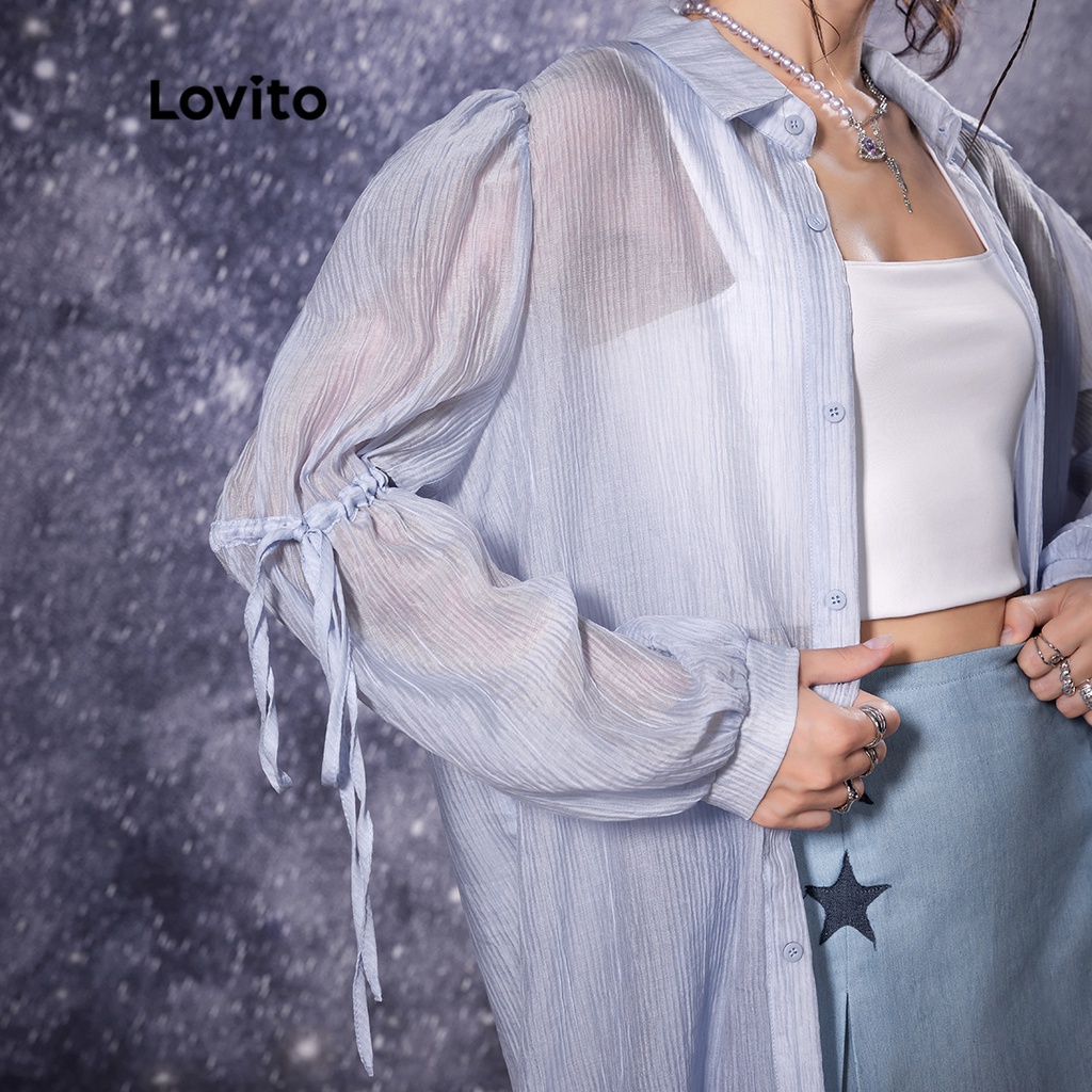 Lovito STAR GIRL Nút rút trơn thông thường Áo Blouse nữ L32AE045 (Xanh nhạt)