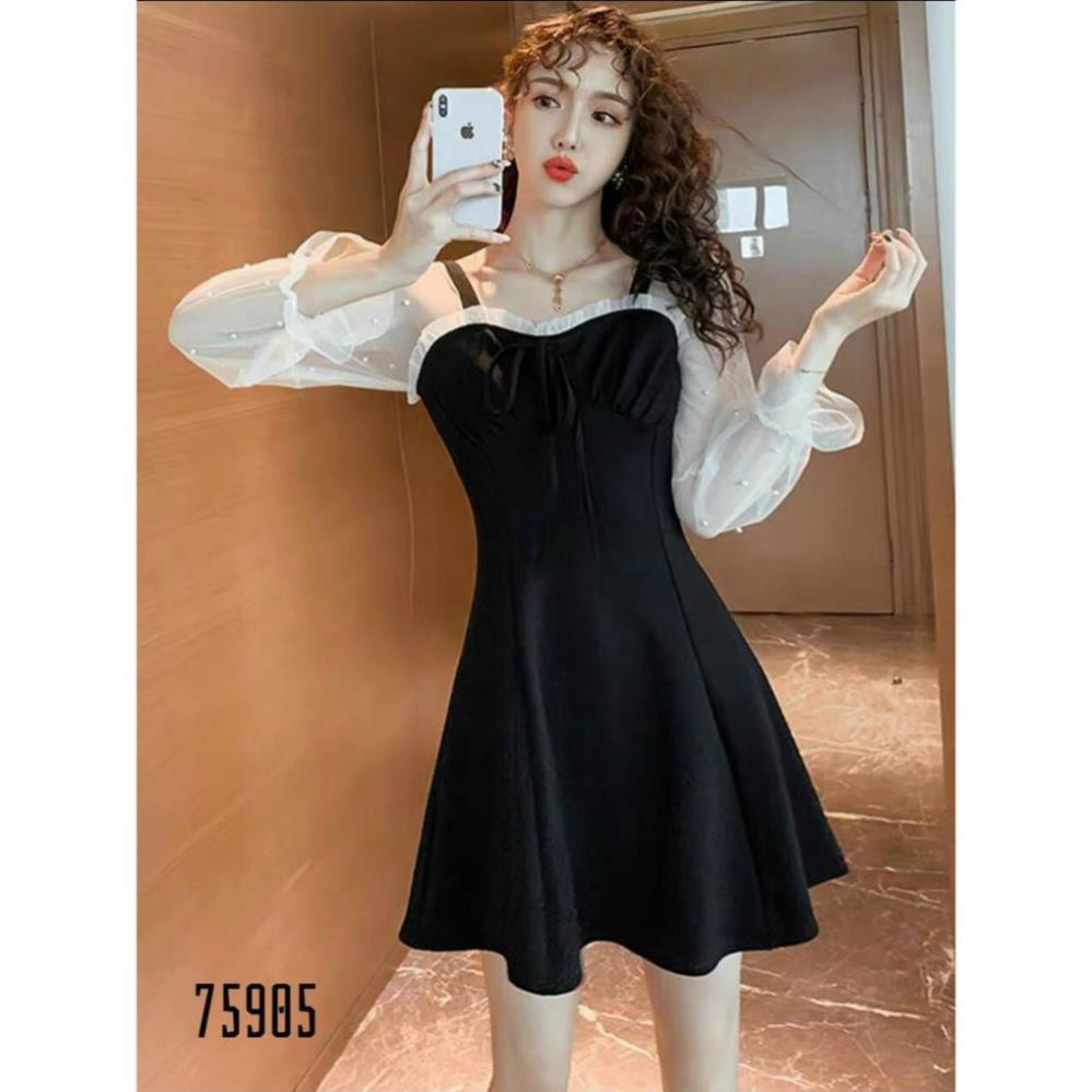 < size M, L, XL > Đầm nữ dáng xòe thiết kế đáng yêu chất thun Umi phối tay voan trắng đính ngọc. | BigBuy360 - bigbuy360.vn