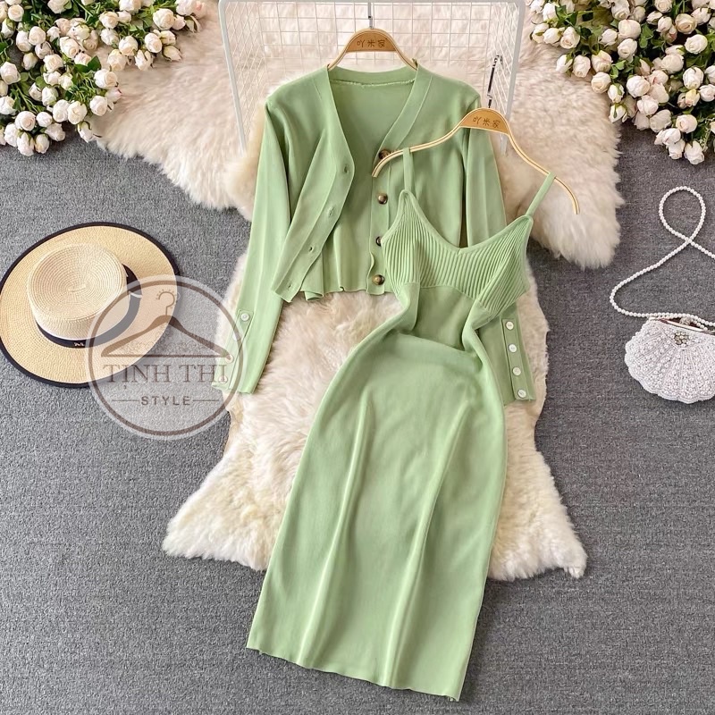 Đầm body len dây phối khoác, Set đầm dây + khoác tay dài chất len dệt kim