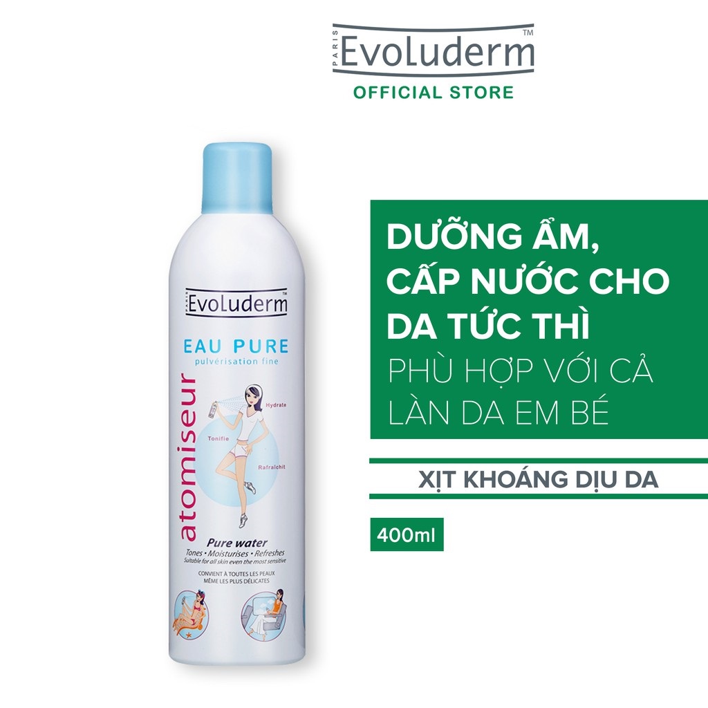 Xịt khoáng Evoluderm giúp dưỡng ẩm cấp nước và làm dịu làn da Atomiseur Eau Pure 150ml