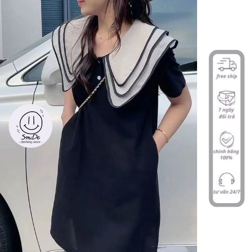Đầm Váy Len Suông Cổ Voan Lá Sen Tay Ngắn Hai Nút Áo Siêu Xinh Cho Nữ | Smide Clothing