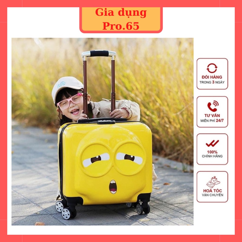 Vali size 18 inch hoạt hình minion trẻ em, vali kéo 3D 3 mặt dán màu vàng