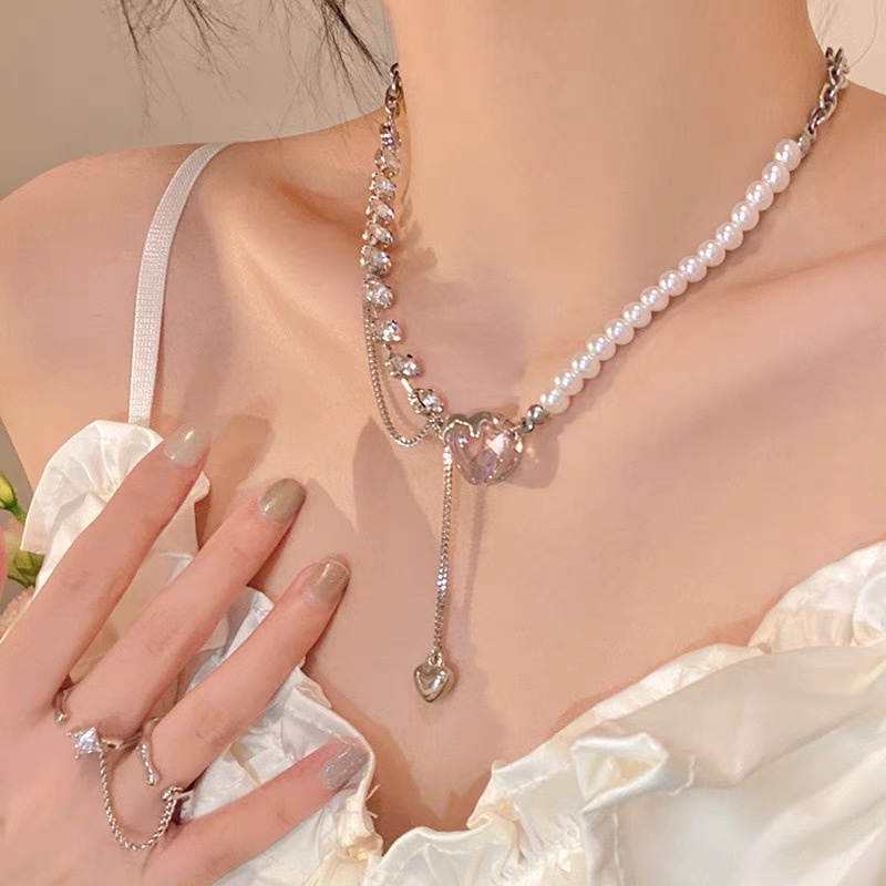 Vòng cổ Mặt Trái Tim Đính Đá Và Ngọc Trai Sang Trọng Thời Trang