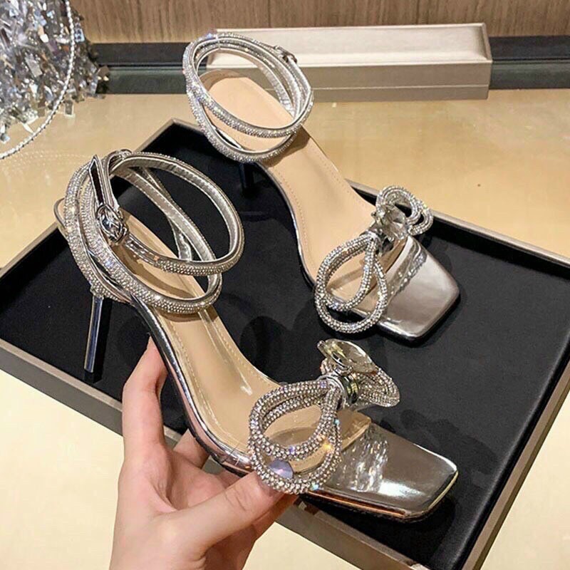 [Ảnh thật] Sandal nơ đá gót nhọn 7p hot 2021. Giày cao gót Mika thời trang Hàn Quốc. Dép đế nhọn ôm chân cá tính