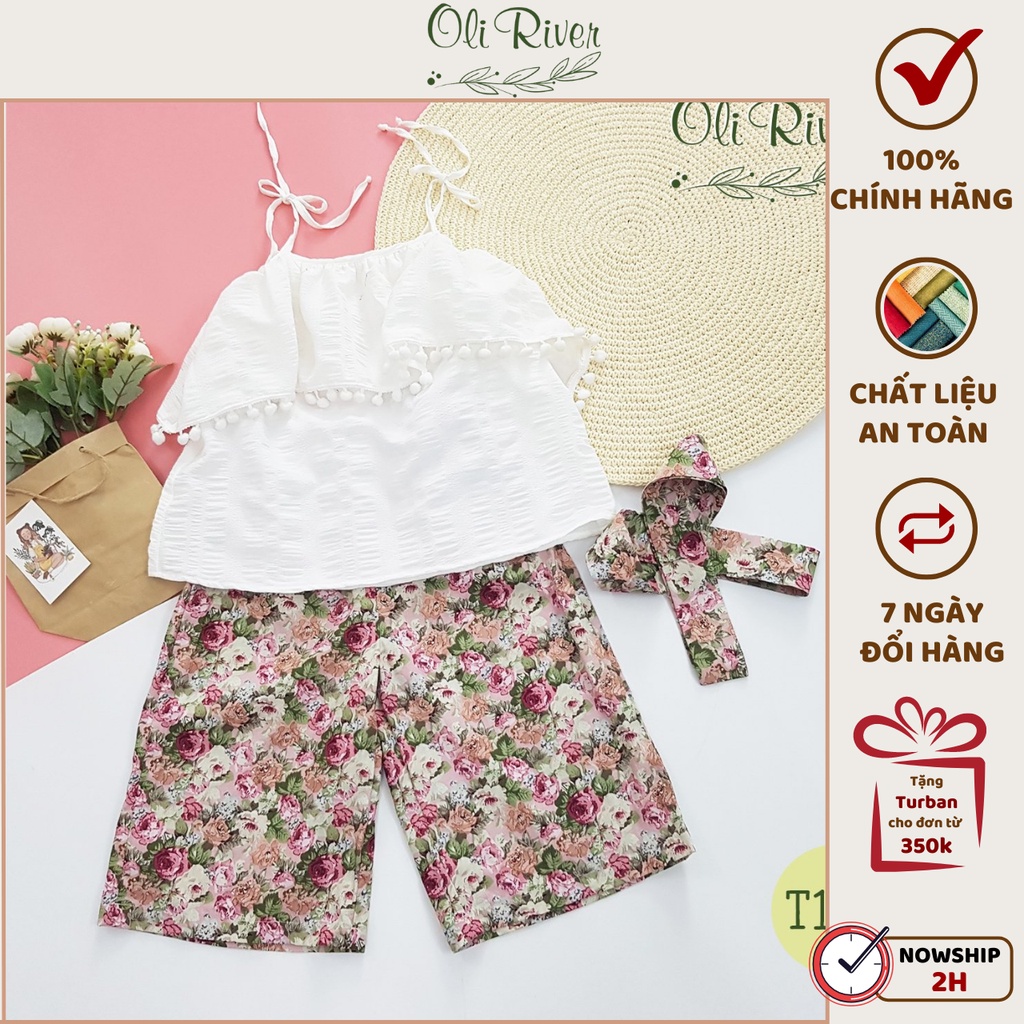 Bộ bé gái OLIRIVER hai dây mix quần ống suông hoa nhí chất liệu thô cho bé từ 1-10 tuổi - T195