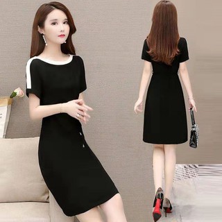 (PE015)Đầm dáng suông cổ tròn phối viền trắng dây bo eo tay ngắn