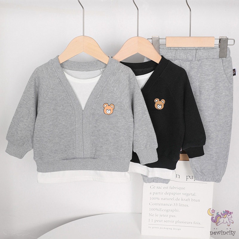 Set 2 món áo dài tay in họa tiết hoạt hình + quần dài kiểu Hàn Quốc xinh xắn cho bé