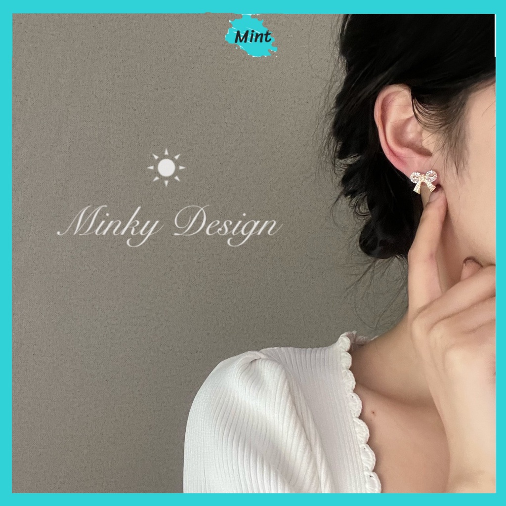 Bông Tai Nữ ❤️KHÔNG GÂY DỊ ỨNG❤️ Khuyên Tai Chuôi Bạc S925 Hình Nơ Đính Đá Trong Suốt Sang Chảnh